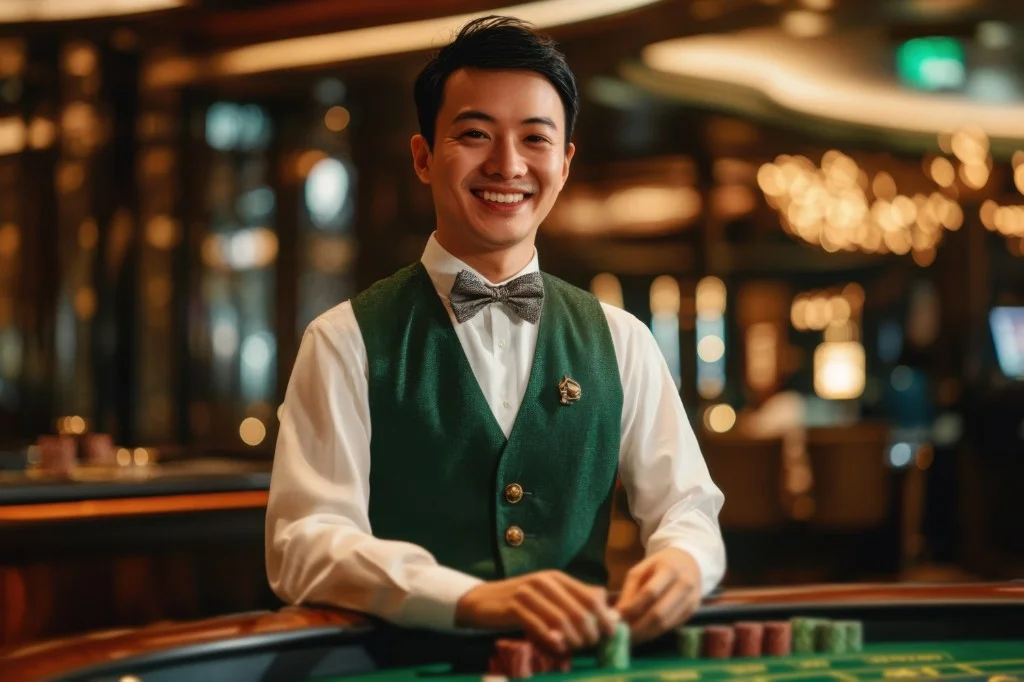 Dealer casino chuyên nghiệp sau bàn nỉ xanh với chip xếp chồng, vest xanh và nơ đeo — không gian sòng bài sang trọng, ánh sáng ấm.